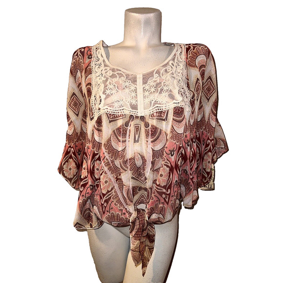 New ONE WORLD Live and Let Live Top Size S Burgundy Pink Tie Front Flowy Shirt - Picture 1 of 6